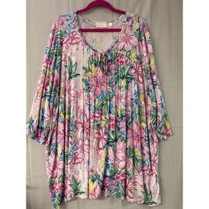 Belle by Kim Gravel Floral  Stripe Shirred Shoulder‎ Blouse Size 4X Dopamine